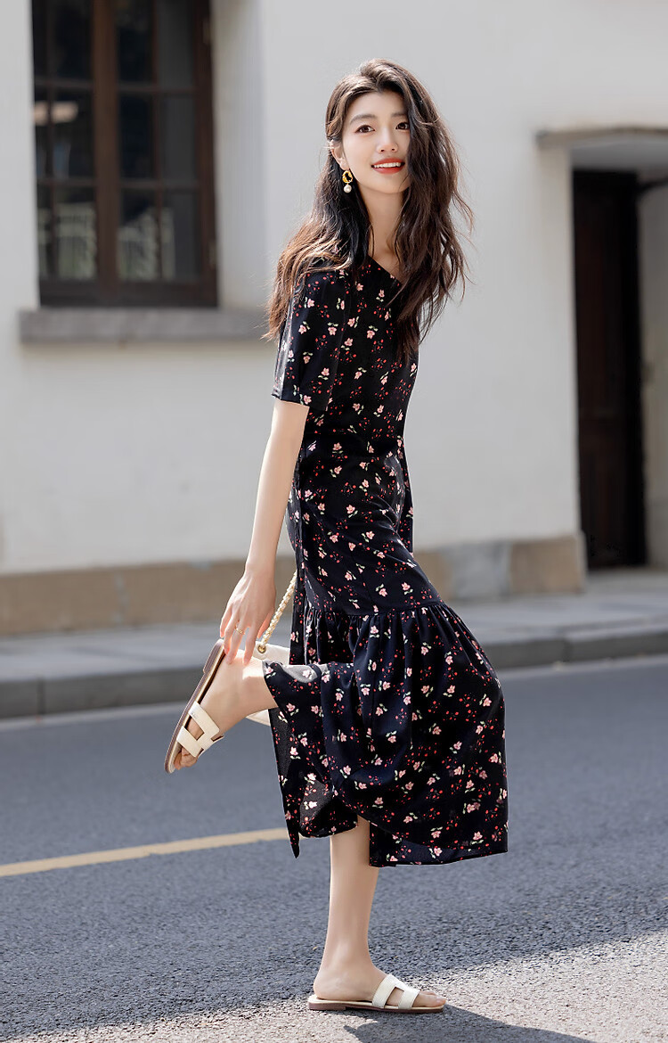 Dme [Jiweini Garden] Summer Sweet Style Round Neck Floral Print Waistless A-Line Dress for Petite Wome 8