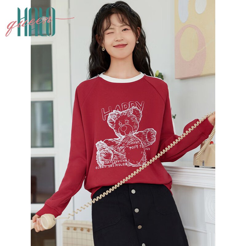 Halo Queen Women's Sweatshirt, Spring And Autumn Round Neck, Bear Design, New Year Outfit, Fashionable Loose Top Jacket H143W1013