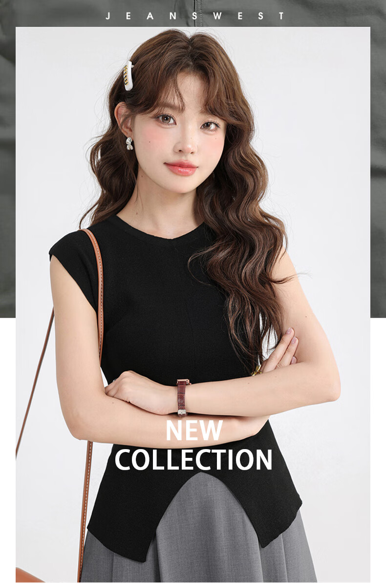 Jeanswest Women's Summer V-Neck Sleeveless Solid Color Pleated Waist-Slimming Split Top Black One Size 1
