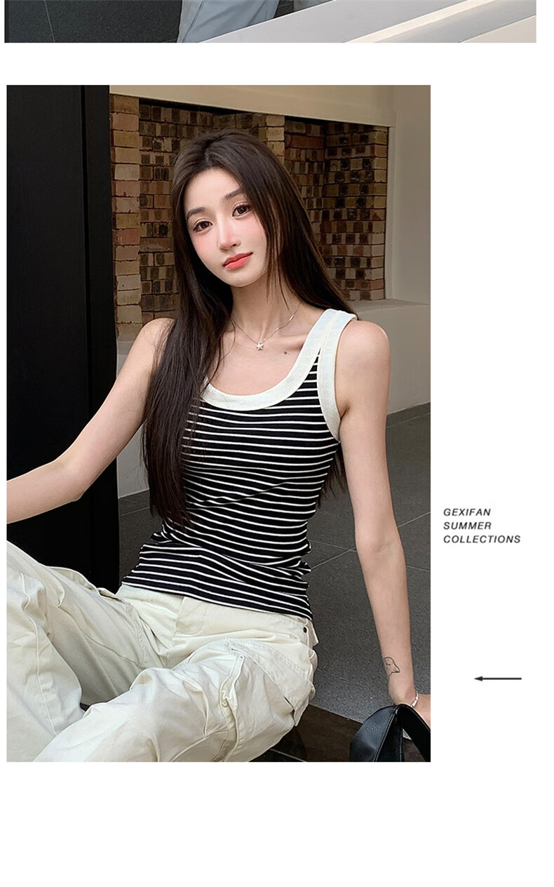 Langsha Women's Striped Slim Fit Vest New Sleeveless Knit U-Neck Tank Top Trendy Layering Shirt 16