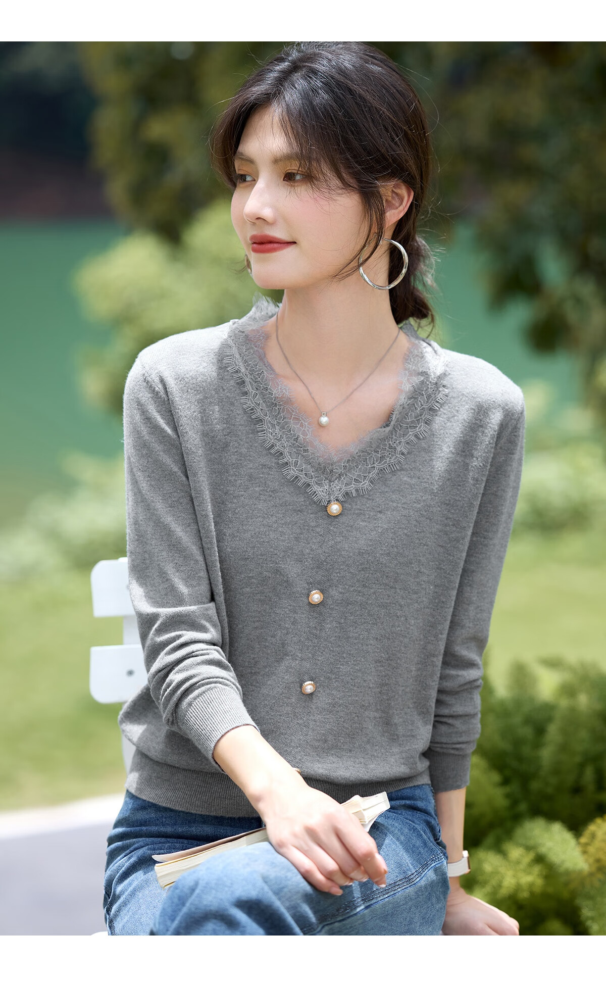 She Enjoy Women's Knitwear Lace Splice V-Neck Knit Base Shirt Fashion Versatile Soft Sweater Top T53Z045 12