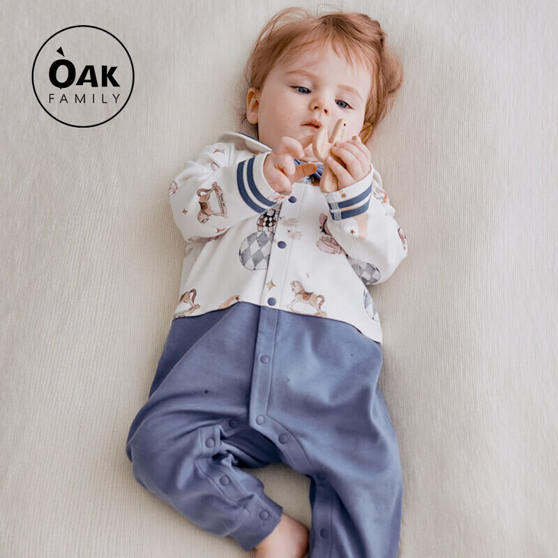 OAK FAMILY Spring And Autumn Newborn Front-Opening Bodysuit, Pure Cotton Baby Romper, Infant Clothing, Starry Journey, Size 59