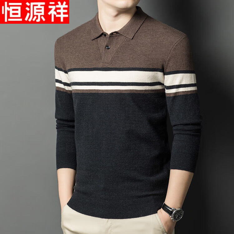 Hengyuanxiang [Wool Blend] Long Sleeve Polo T-Shirt Men Autumn Winter Thickened Warm Knitted Base Layer Sweater Dark Gray 2XL