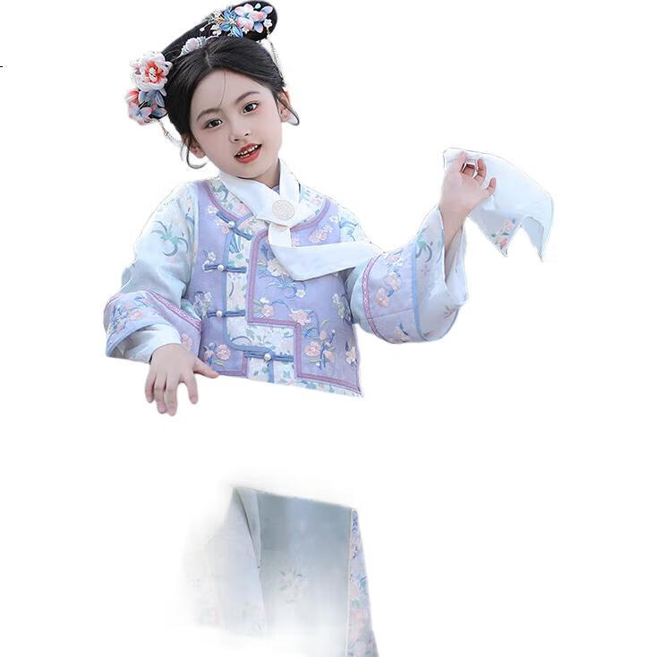 Qibo Girls' Cheongsam, Spring And Autumn Mid-Autumn Festival Children's Kindergarten New Hanfu, Blue-Purple + Neck Scarf, Size 130