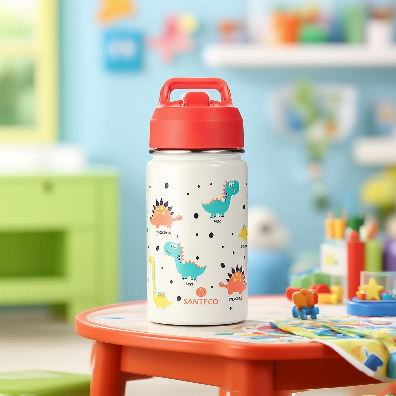 SANTECO Children's Insulated Cup, Stainless Steel Direct Drinking Straw Water Bottle, Kindergarten Student Baby Dual-Use Water Jug, Little Dinosaur Desig