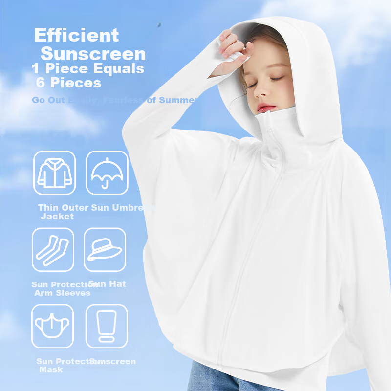MARCOLOR Children's Sun Protection Clothing, Batwing Sleeve, Boys And Girls Lightweight Cape, 2025 New Style, Solid Light Gray, Size 120