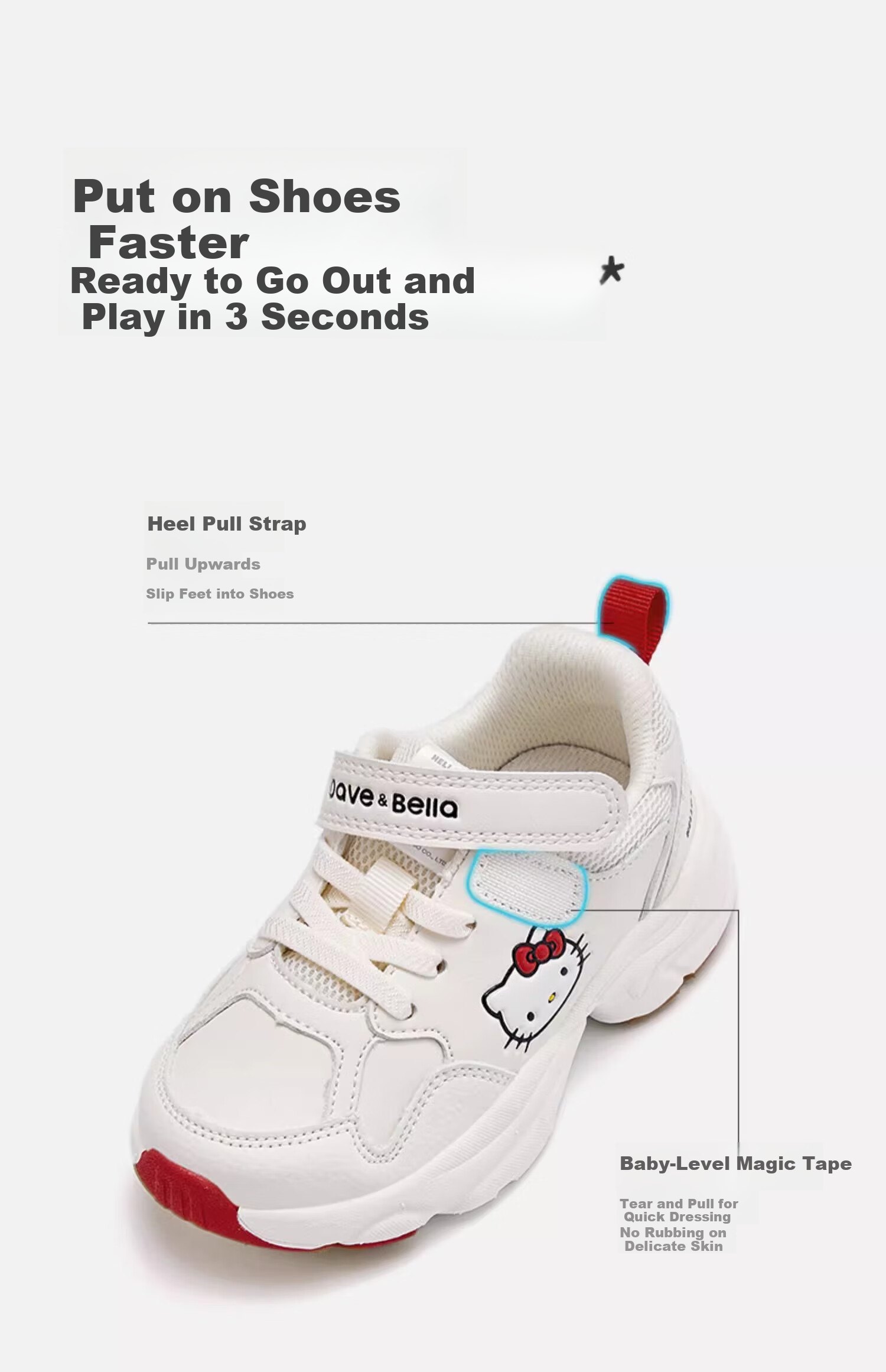 DAVE & BELLA Hello Kitty Collaboration Children's Sneakers Spring And Autumn Girls' Shoes White Sneakers 7
