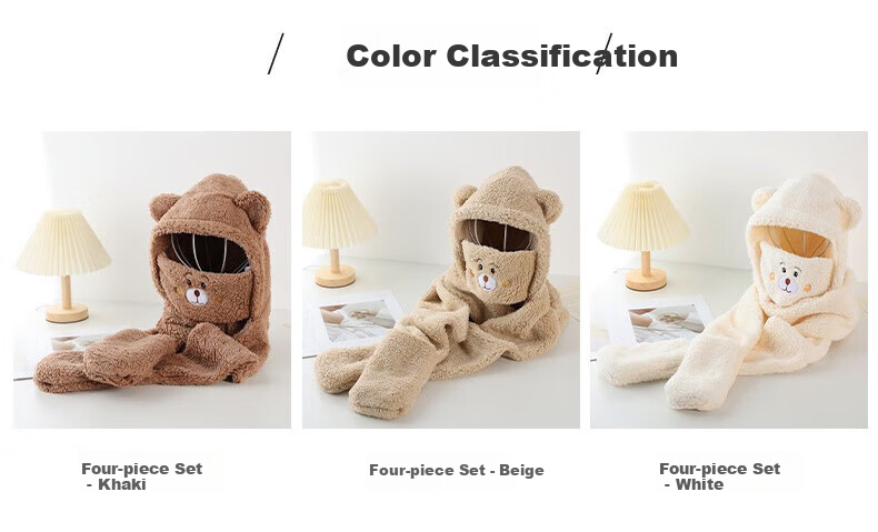 Adandyish Warm All-In Four-Piece Set with Neck Warmer, Ear Protectors, Hooded Scarf And Gloves, Plush Bear Electric Scooter Accessories, Off-White 3