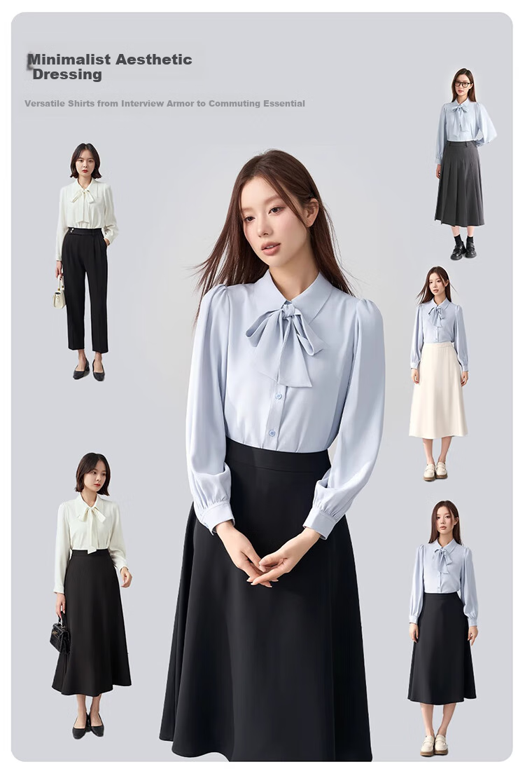 Bodexiaojie White Long-Sleeve Blouse for Women, Ribbon Tie, Professional Commute Top, Wrinkle-Resistant Interview Suit Inner Layer, Chiffon Blouse, XL 14