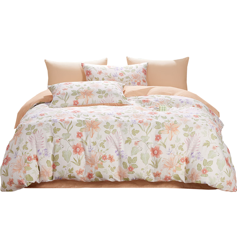 BEYOND Home Textiles Class A Pure Cotton Four-Piece Bedding Set with Double-Layer Gauze Pure Cotton Duvet Cover And Bedsheet for 1.8m Bed, Floral Home Decor