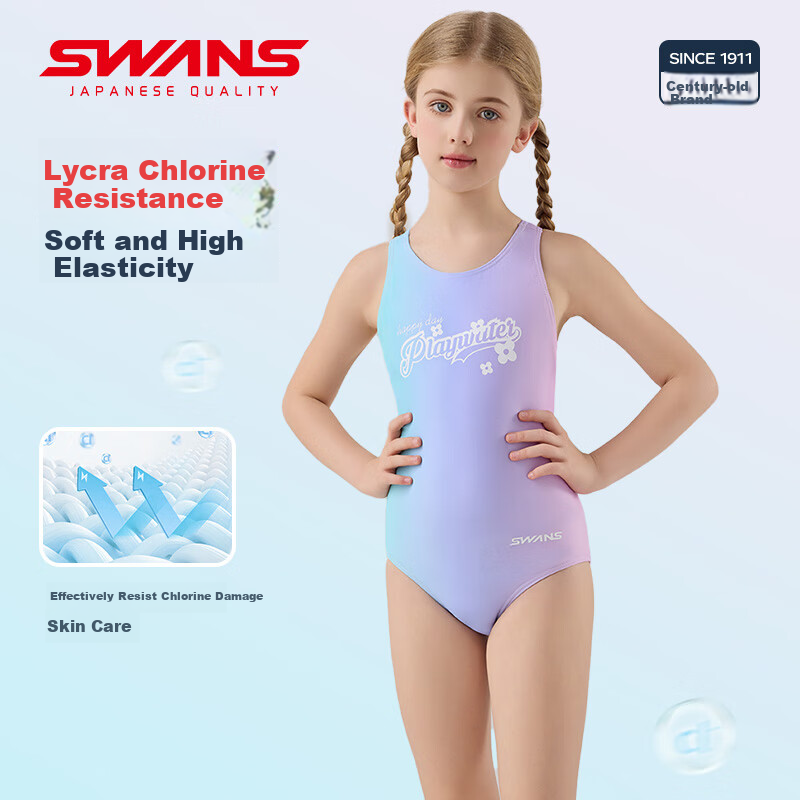 SWANS Girls' One-Piece Triangle Swimsuit, Chlorine-Resistant Quick-Dry Training Swimwear for Children, Pink-Purple, Size 140