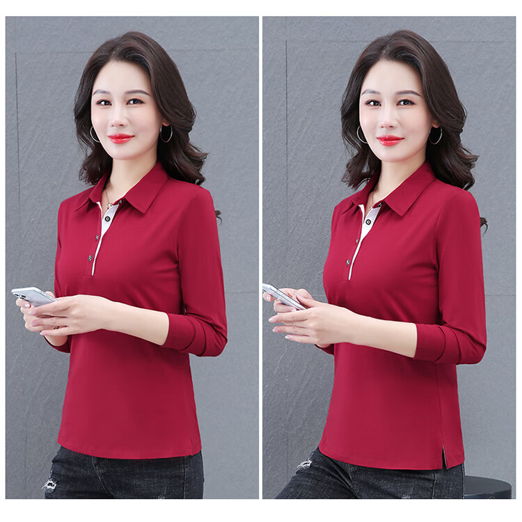 Woodpecker Women's Long Sleeve Cotton Polo Shirt, Spring Autumn New, Middle-aged Plus Size Casual Top, Gray, L 19