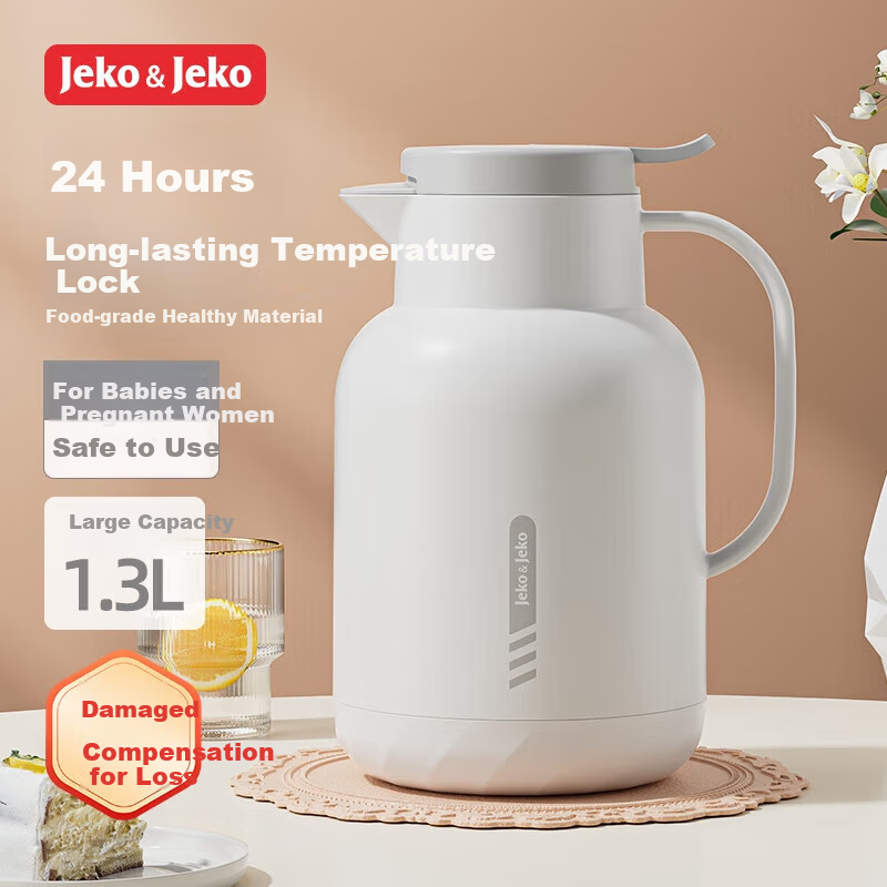 JEKO&JEKO Insulated Thermos Flask, Household Hot Water Kettle, Dormitory Student Water Bottle, Peiliken, 1.3L, Moonlight White