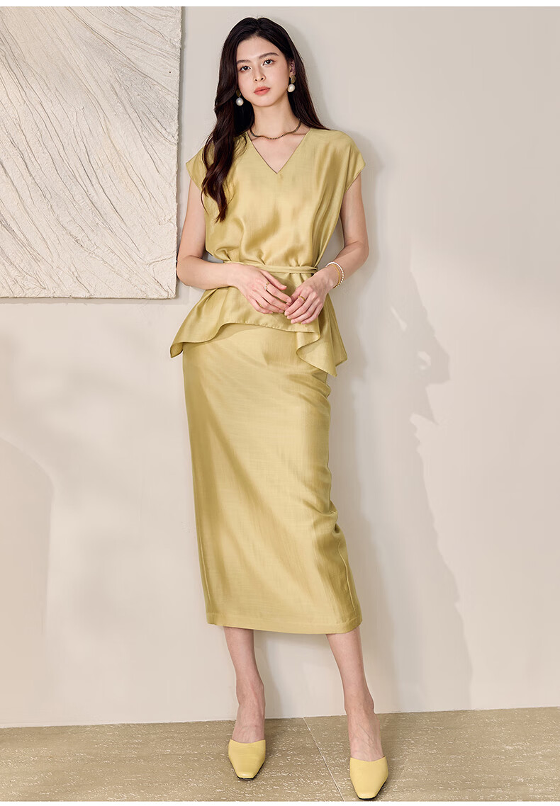 ROEYSHOUSE Women's Summer Casual Slim V-Neck Tie Two-Piece Set Top and Skirt 12233 Yellow M 11