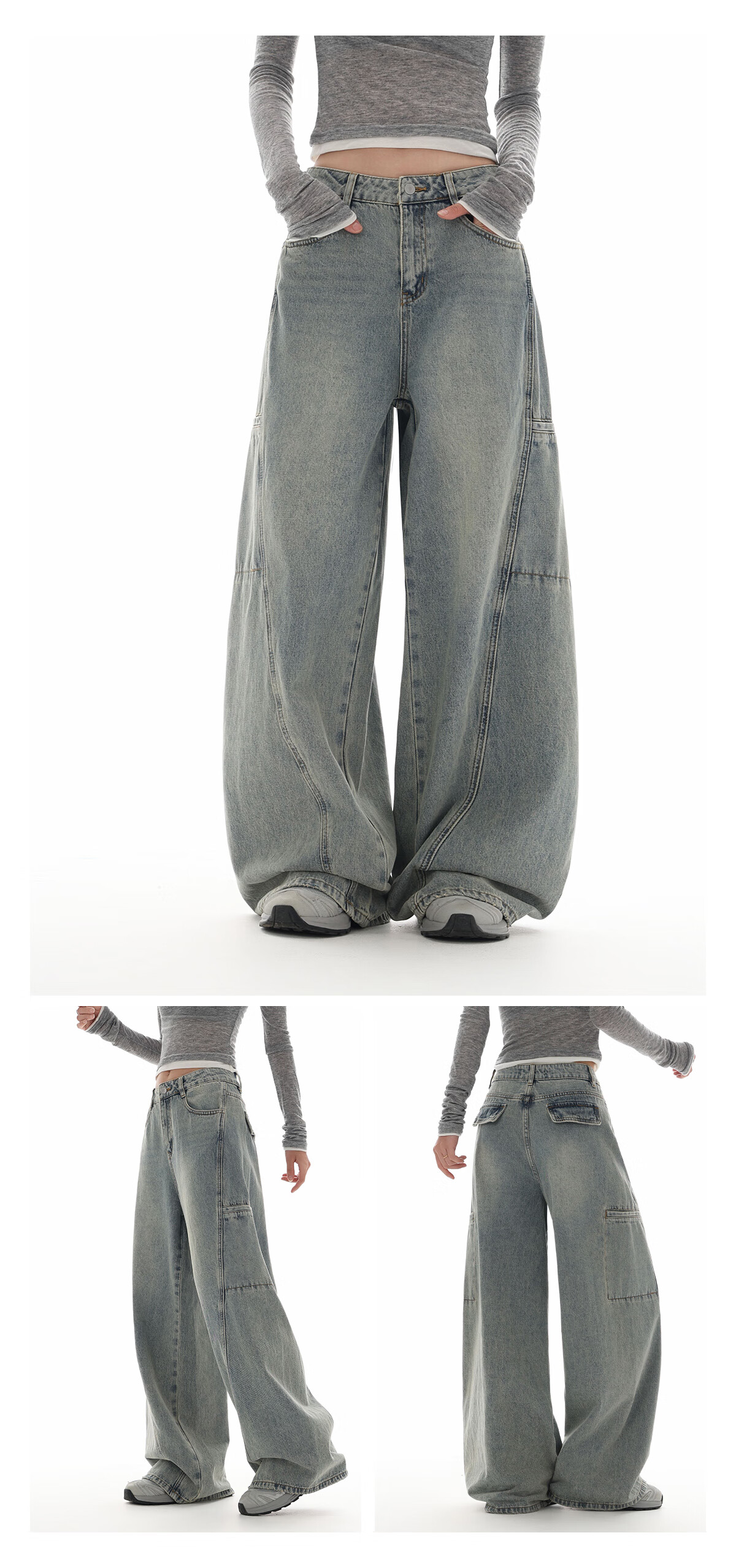 Meters Bonwe Women's Autumn New High-Waist Loose Straight-Leg Comfortable Versatile Cargo Slimming Denim Wide-Leg Pants 4