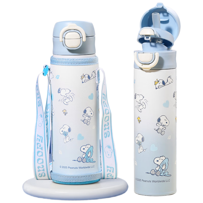 SNOOPY Children's Insulated Cup with Straw, 316L Stainless Steel Large Capacity Water Bottle, Elementary School Student Dual-Use Portable Cup for Boys And Girls, Blue