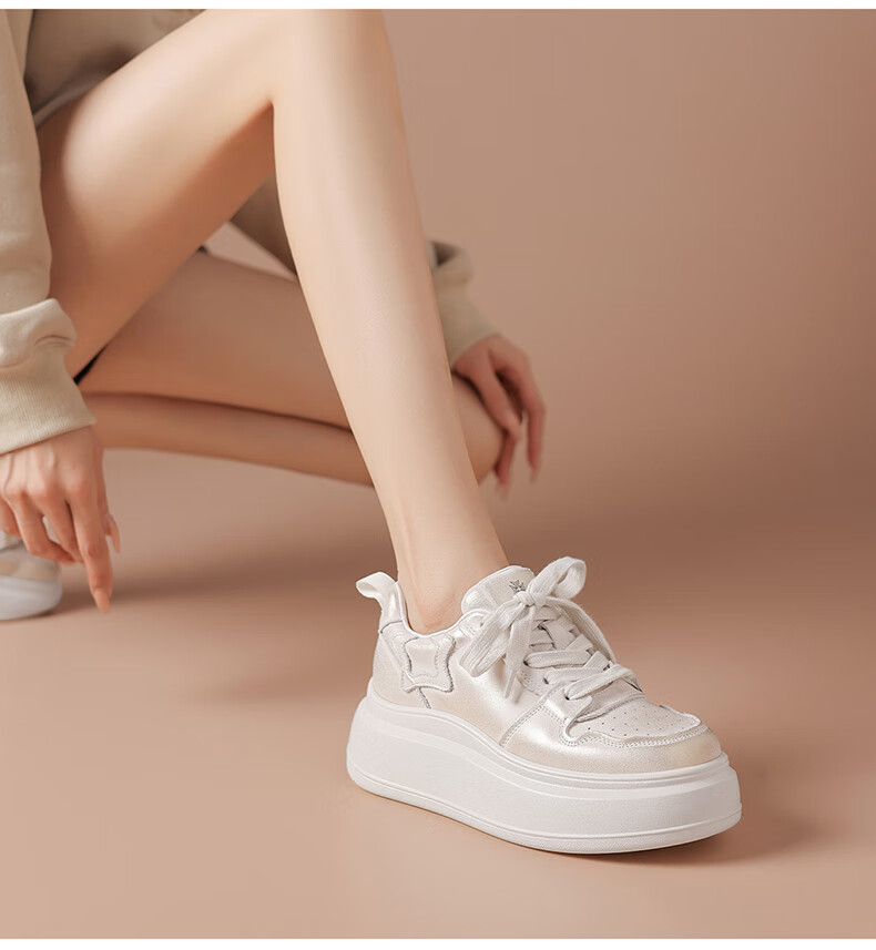 BOERDIQI Top-Grain Leather Versatile White Sneakers for Women, Thick-Soled Height-Increasing Casual Sports Shoes, White And Black, Size 36 16
