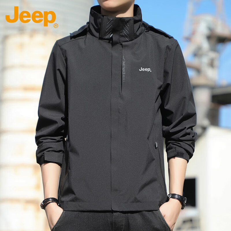 JEEP Men's Black Windbreaker Jacket Spring Autumn Loose Fashion Casual Outerwear XL