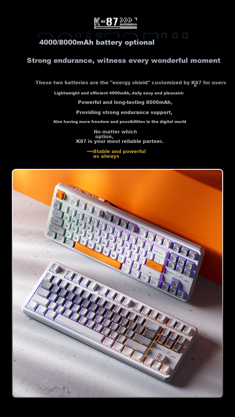 INPHIC K87 Wireless Mechanical Keyboard Wired 87-Key Bluetooth Tri-Mode Gasket Customizable Full Fill Side-Engraved HIFI Gaming E-Sports Office Full-Key Hot-Swappable Equal Height Line Black 12