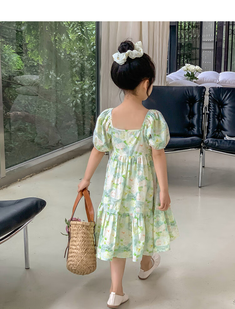 Tutuxiaoxiang Girls' Dress, 100% Cotton, Children's Puff Sleeve Floral Princess Dress, Green, Size 110, Height Approximately 110cm 17