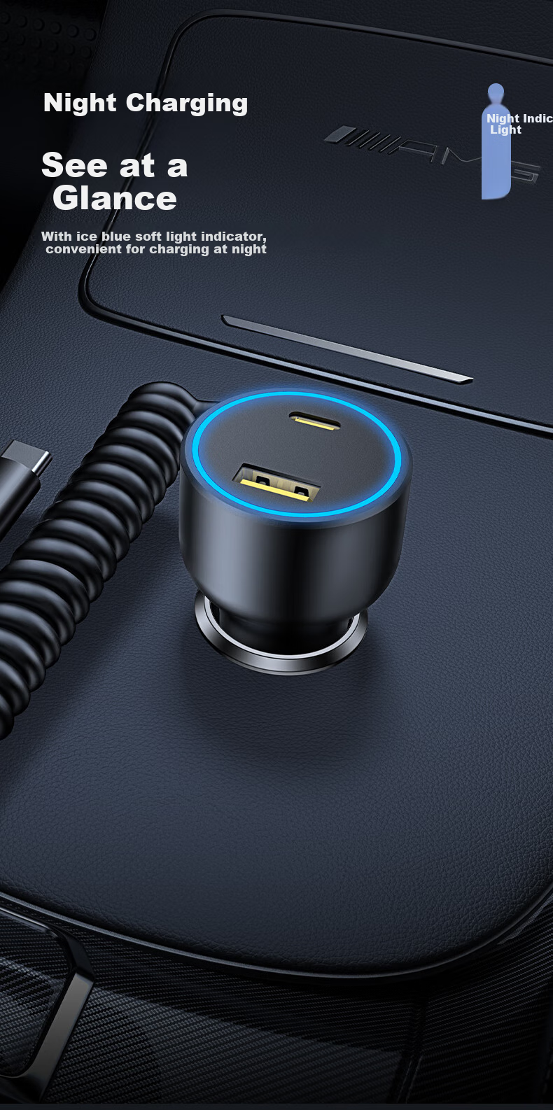 Pisen Car Charger, Retractable Two-Prong Cigarette Lighter, Fast Charging with Built-In Spring, Extendable Charging Cable, Car Adapter 9
