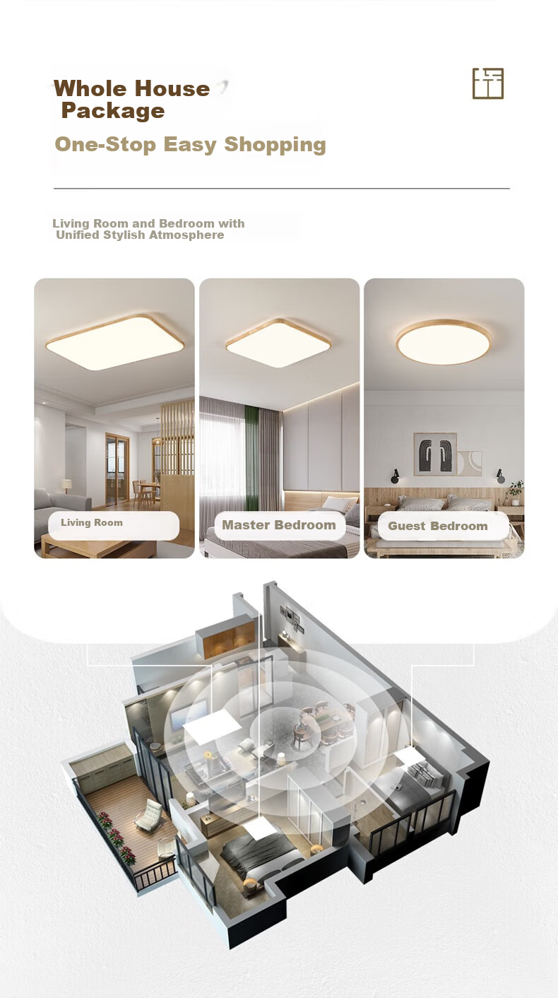 NVC LED Ceiling Light, National Trend Style Wooden Craftsmanship, Square Lamp for Study Room And Bedroom, Natural Wood Ultra-Thin Round Shape 2
