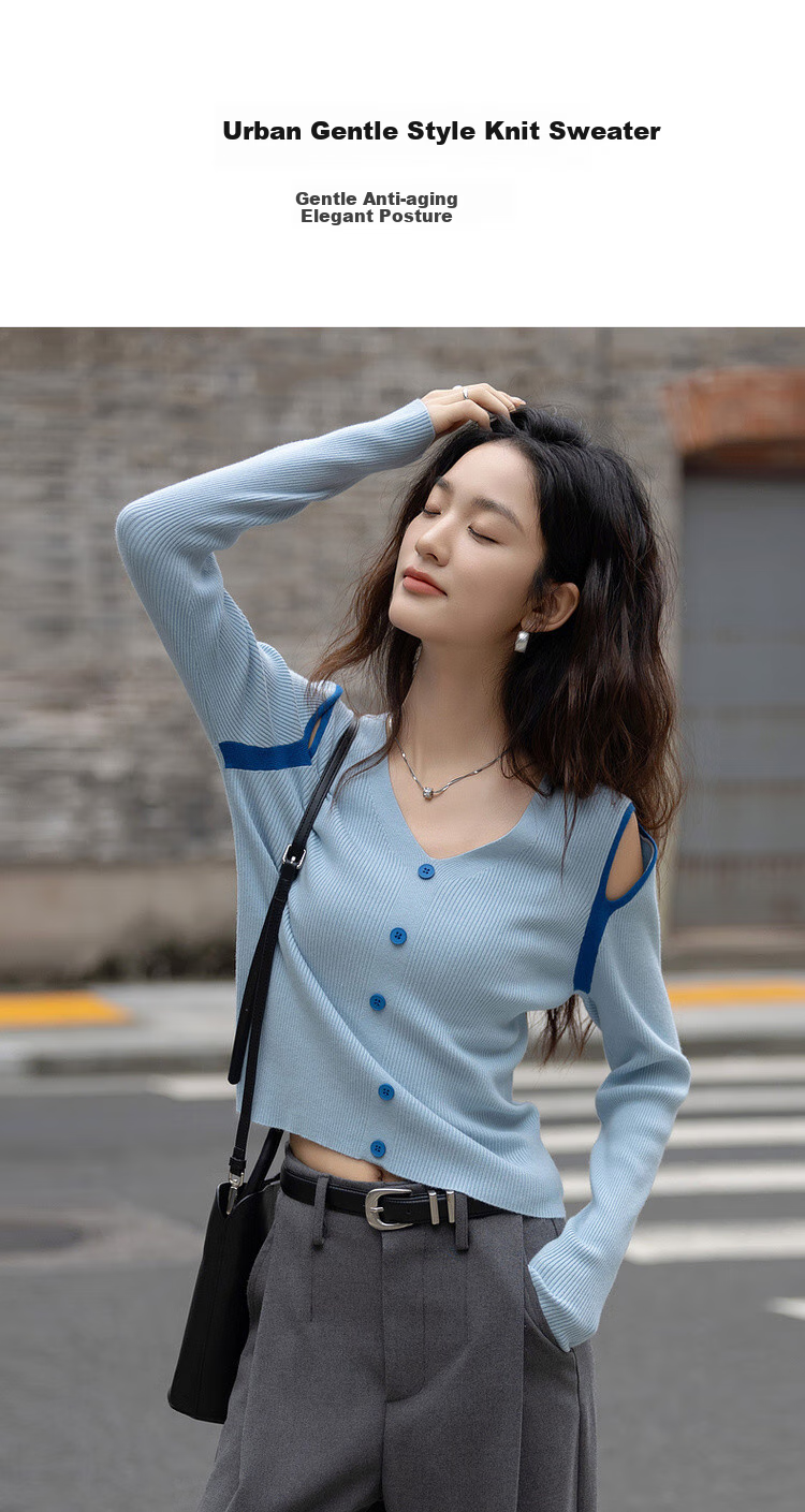 Dme [Light Oxygen Sea Salt] Spring Korean Style Hollow-Out Contrasting Color V-Neck Sweater, High-Elasticity Comfortable Long-Sleeve Knit Top for Wome 2