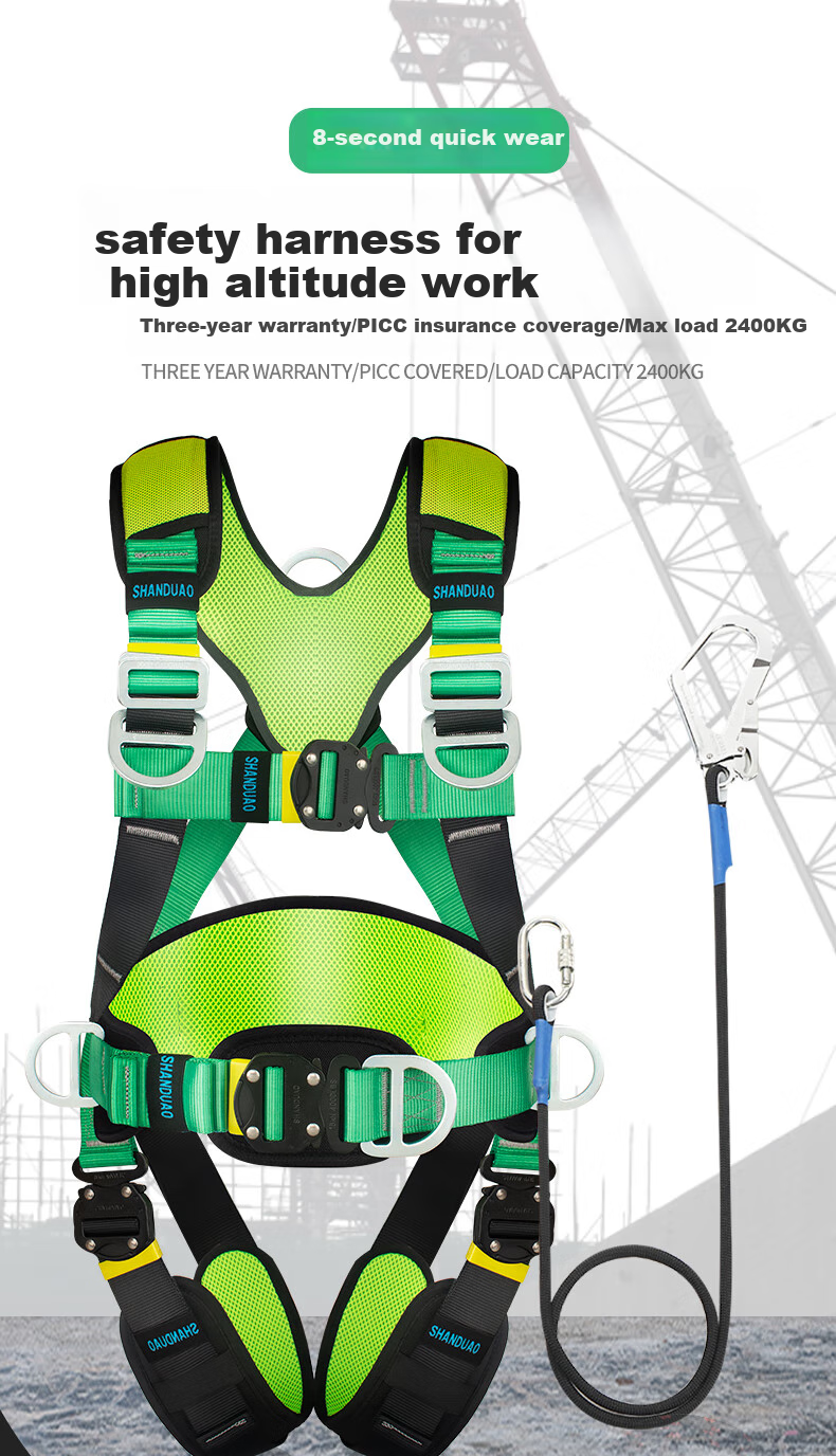 Shandouao Five-Point Safety Harness AD9046 Quick-Connect Fall Protection with Two Large Hooks, 1.8 Meters + Shock Absorber Pack + Belt 1