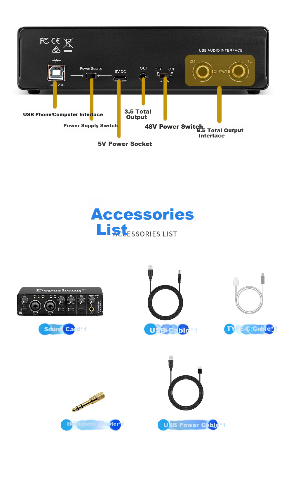 Depusheng Mobile Phone And Computer Live Streaming Sound Card USB High-Definition Recording Professional Post-Production Voiceover Audio Recording Music Composition Live Streaming with Audio Book Host Guitar Instrument 48V Power Supply Outdoor MD22 12