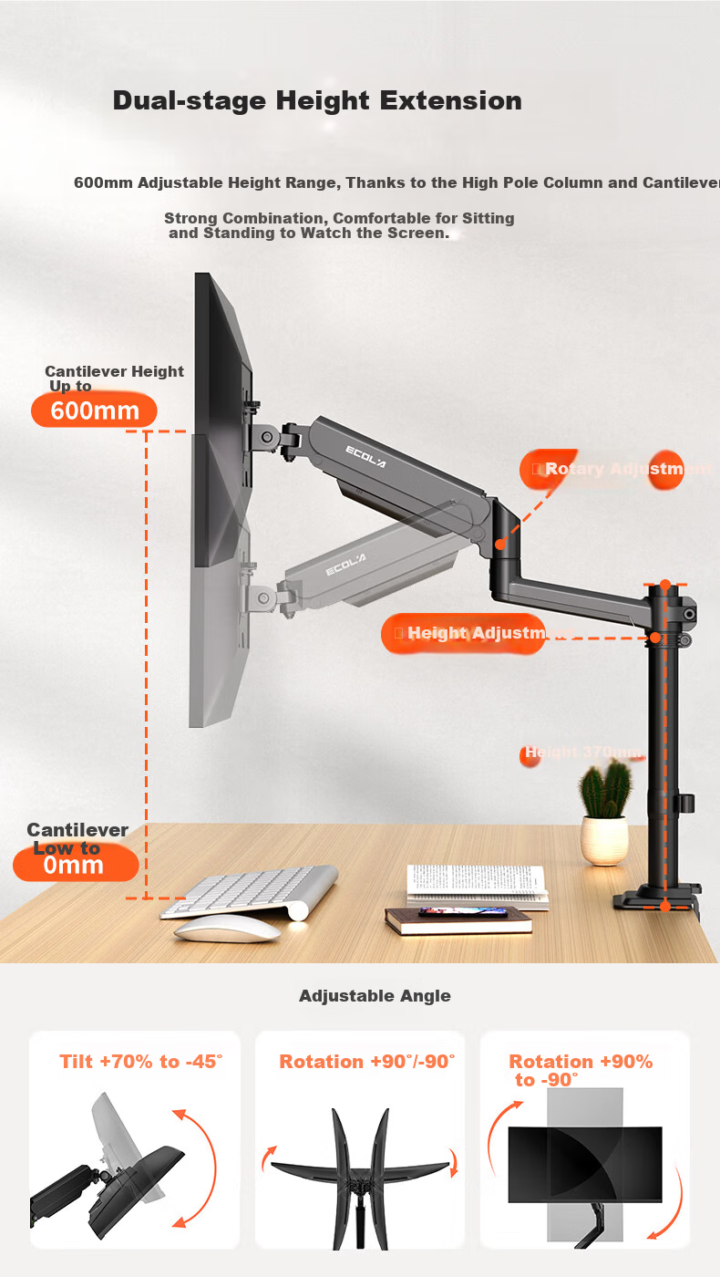 ECOLA Monitor Stand, Arm Column Style, Height Adjustable, Free Floating, Gaming Design, Versatile, Can Be Inverted, Computer Stand, Black 7