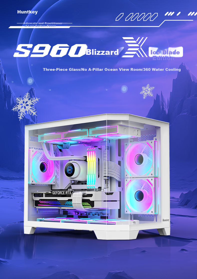 Huntkey S960 Storm X Ice Blade Edition Black Panoramic View Seaside Case (Three-Sided Tempered Glass Panel/Left And Right Zones/360mm Water Cooling/9 Fan Positions/MATX Motherboard) 1