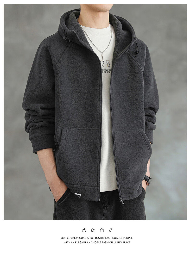 FAIRWHALE Men's Hoodie Autumn Winter Fleece-Lined Zip-Up Jacket Loose Fit Warm Casual Top Gray Fleece Lined L 1