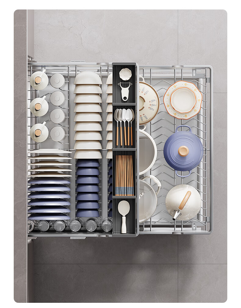 Sijimuge Pull-Out Basket Kitchen Drawer 304 Stainless Steel Double-Layer Dish and Spice Rack Cabinet Basket 12