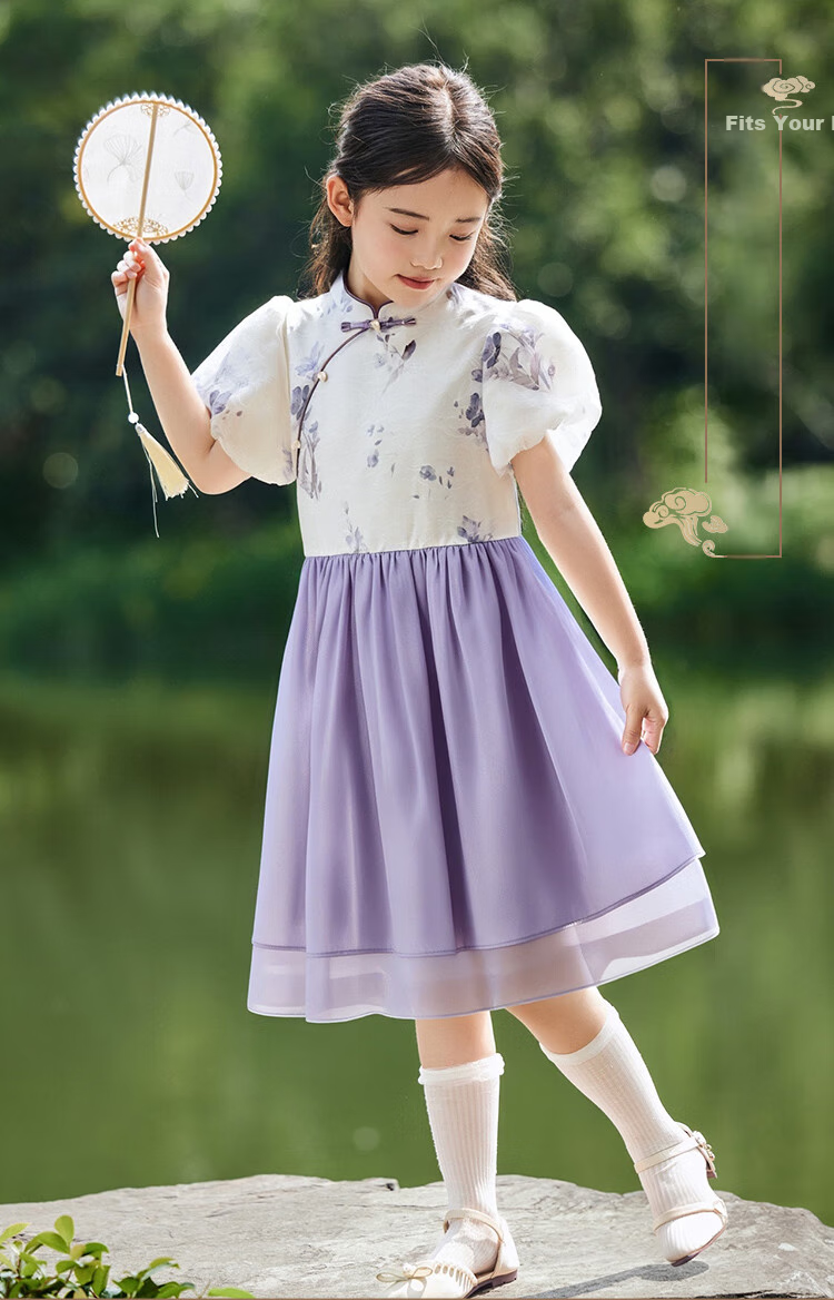 YEEHOO Girls' Dress, Children's Dress for Older Kids, Hanfu-Style Dress, New Chinese-Style Tulle Princess Dress for Summer, Purple, Size 165 2
