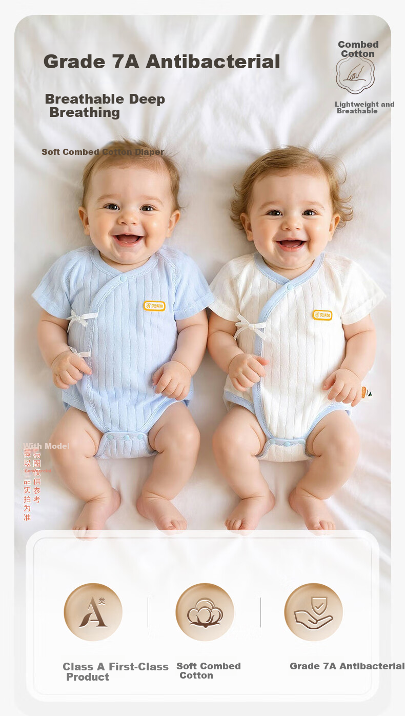 Babyprints Baby Romper 2-Piece Set, Infant Short-Sleeve Bodysuit, Pure Cotton Summer Clothing, Lightweight Full Moon Crawling Suit, Blue 66 1