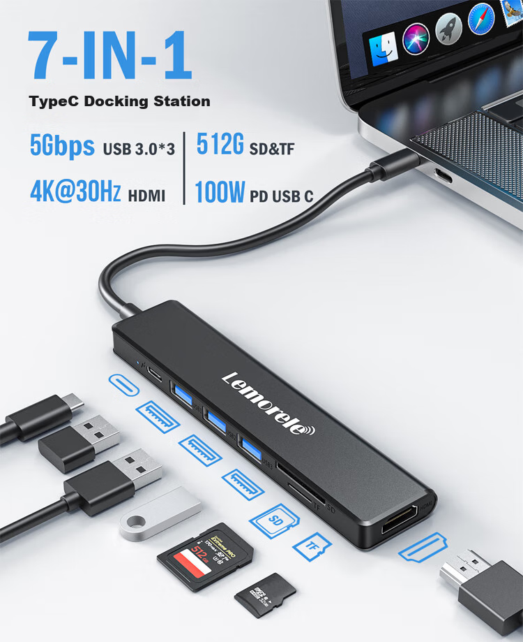 Lemorele Type-C Expansion Dock, 7-In HDMI 4K, USB3.0*3, PD100W Fast Charging, SD/TF Card Reader, Mac Expansion Dock, Compatible with Apple And Huawei Laptops, TC90 1