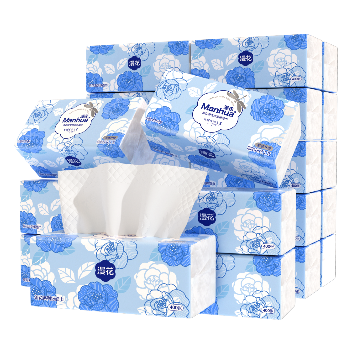 Manhua Snow Tea Flower Facial Tissues, 5-Ply, 400 Sheets * 36 Large Packs, M Size, Household Face Tissues, Toilet Paper, Wholesale Box