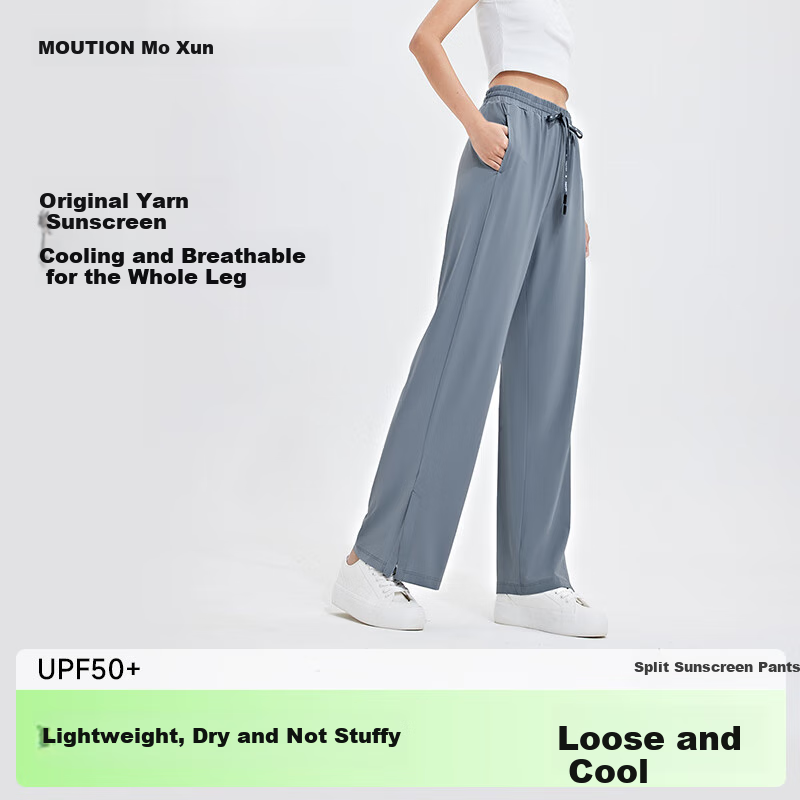 Moxun Ice Silk Sun Protection Pants for Women, Summer Cool Feeling Sports Outdoor Casual Wide-Leg Straight Trousers, Side Slit Style S
