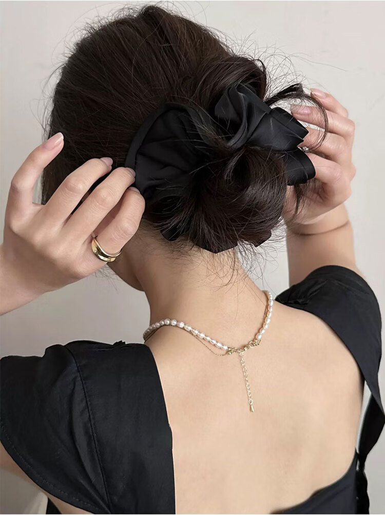 Liqing Satin Ruffle Hair Tie, Elastic Band, Hair Scrunchie, Internet Celebrity Style Hair Bun Maker, Women's Black Hair Accessory 2