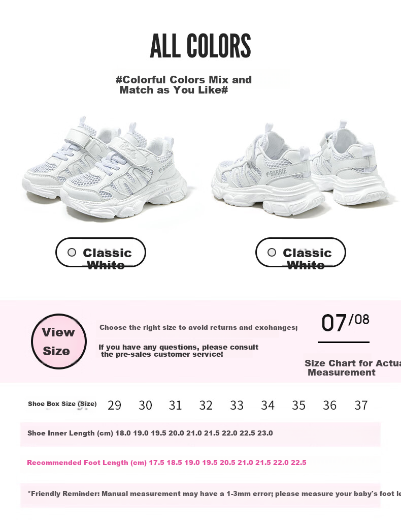 Barbie Girls' Summer Mesh Shoes, Breathable Dad Shoes, Student White Sneakers, Sports Shoes DA6702, White, Size 32 12