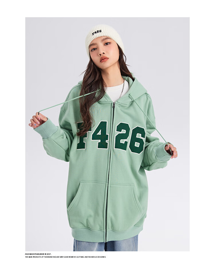 F426 Self-Operated Store National Trend Autumn Loose Versatile Couple Style Patchwork Embroidery Large LOGO Cardigan Sweatshirt Jacket, Light Green, L 12