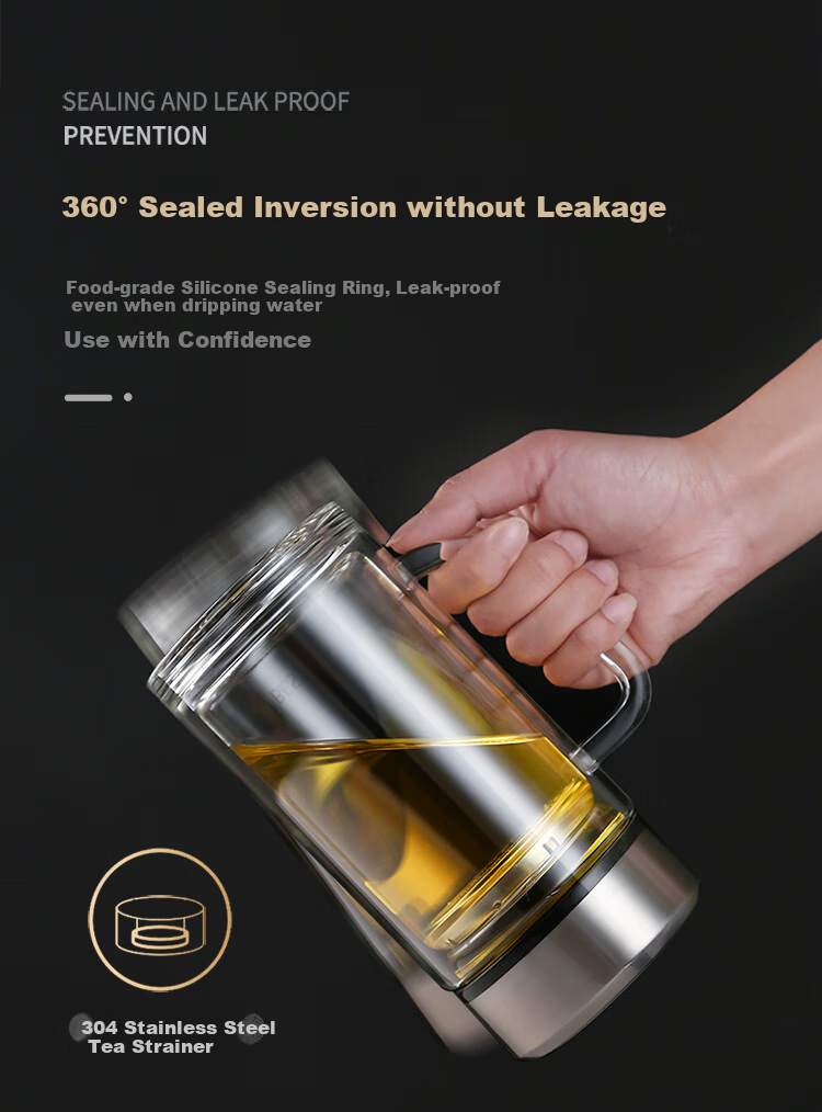 Fuguang Shixi Double-Layer Glass Cup with Handle and Filter, Heat-Resistant Office Mug, Large Capacity 520ml, Black 4