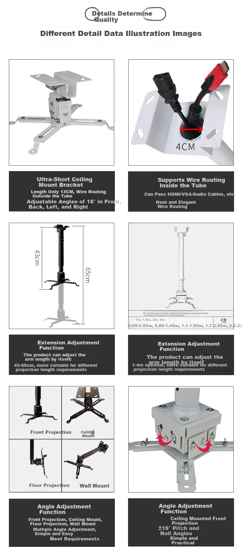 HONGYING Projector Mount Ceiling Hanging Ceiling-Mounted Floor Projector Mount (Suitable for Epson, BenQ, Panasonic) 43-65CM Extendable White 2