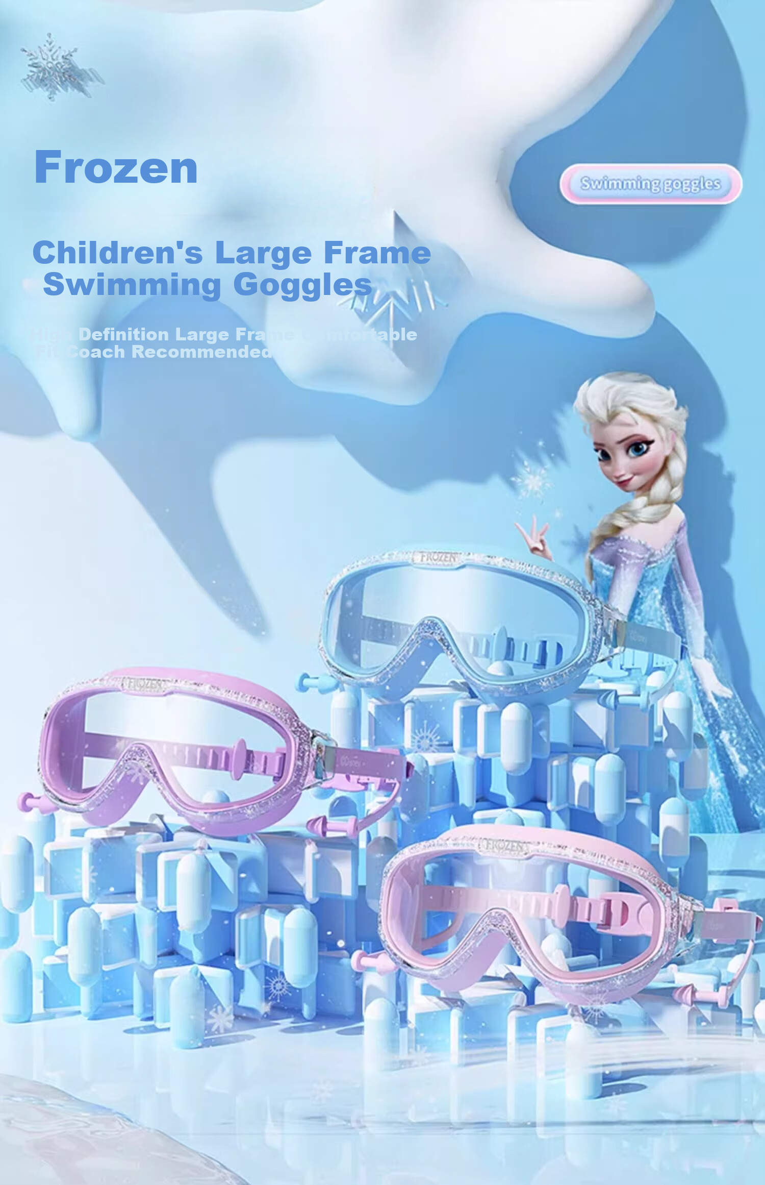 Dishini Children's Swimming Goggles And Swim Cap Set for Boys And Girls, Waterproof Anti-Fog High-Definition Swimming Glasses Three-Piece Set 6936DY Elsa Princess Pink 1