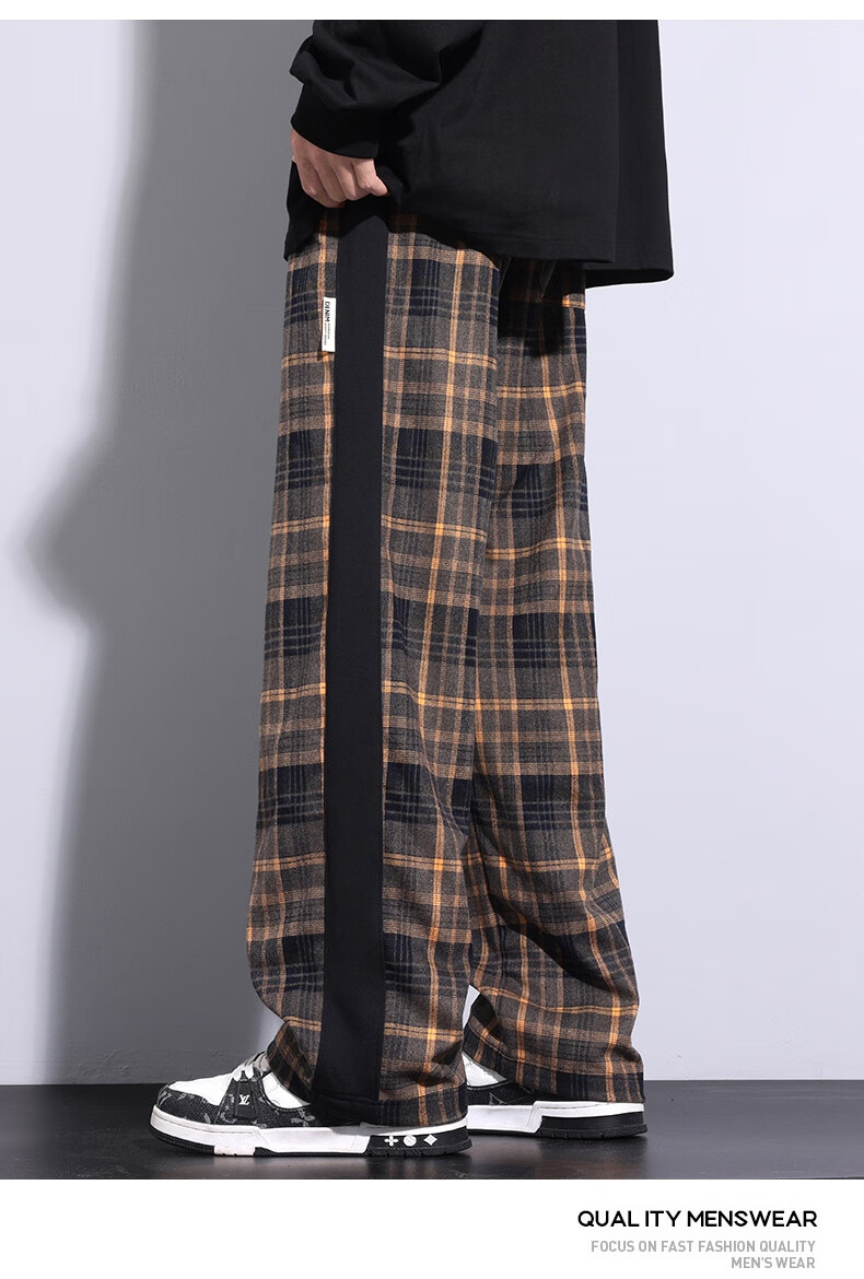 IZEXX Men's Plaid Pants, Summer American Straight Wide-Leg Loose Versatile Casual Pants, Sporty Retro Style ZL27 Gray L 8