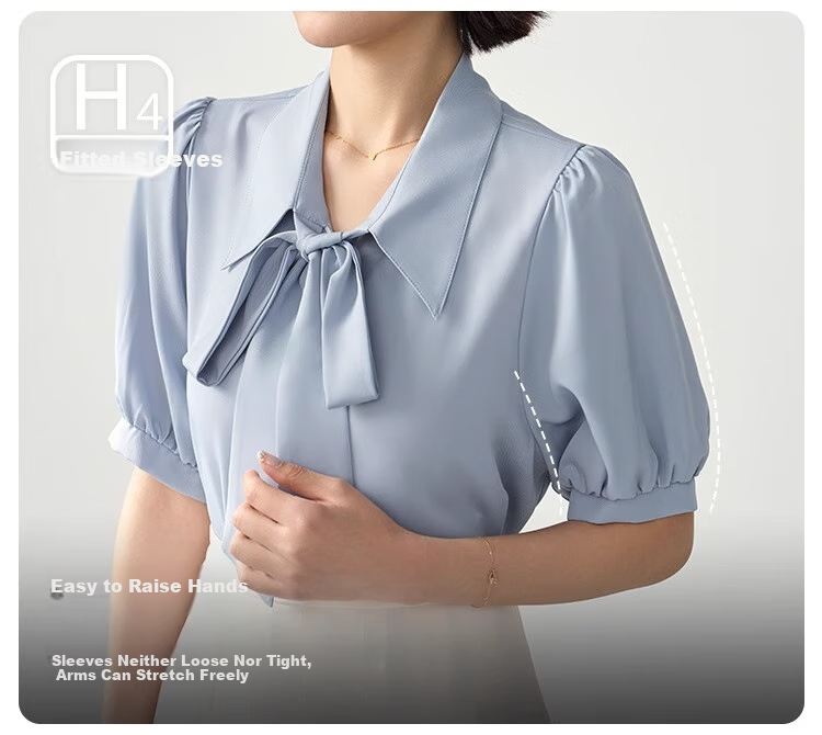 Bodexiaojie Blue Short-Sleeve Shirt for Women, Urban Daily Commute Outfit, Petite Chiffon Blouse, Interview Professional Shirt, Size M 12