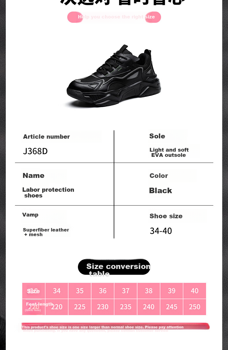 FUCHENG Women's Safety Shoes, Small Size, Lightweight, Breathable, Comfortable, Anti-Smashing, Anti-Puncture, Solid, Wear-Resistant, Safety Work Shoes 368 38 3