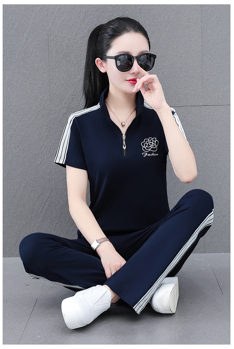 Woodpecker Zipper Sportswear Set for Women Summer Thin Cotton Middle-aged Fashion Casual Stand Collar Two-piece Khaki 2XL 13