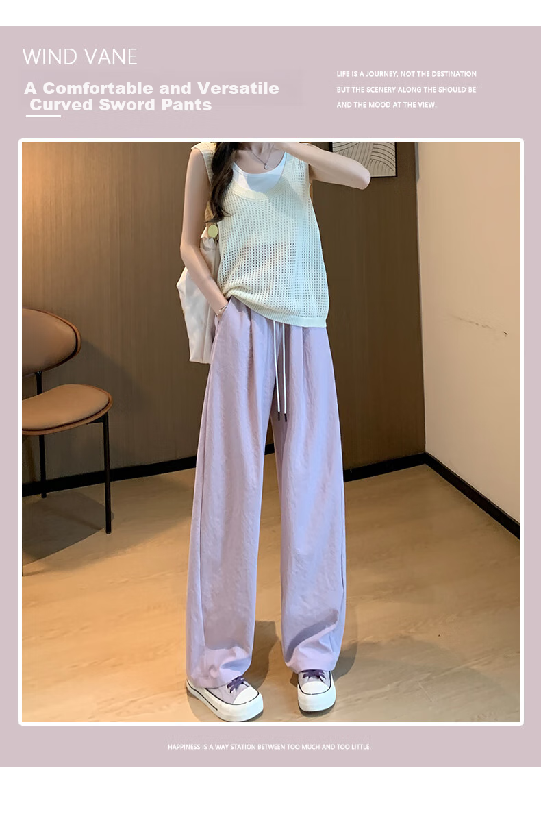 LangSha Women's Casual Pants, Spring And Autumn Thin Style, Cool Breathable High-Waist Loose-Fitting Slimming Pear-Shaped Body Quick-Dry Soft Silk Knife-Edge Pants 3
