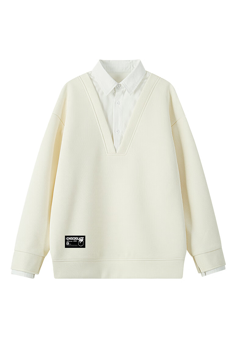 :CHOCOOLATE It Men's Faux Two-Piece Sweatshirt, Spring And Autumn Patchwork Casual Pullover Shirt with Collar Top, Apricot Color, XL 2